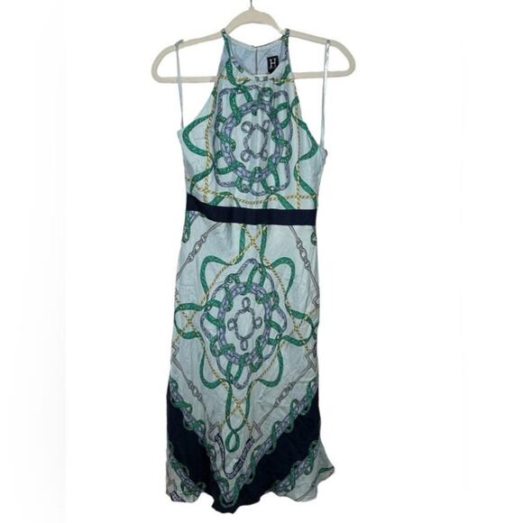Tommy Hilfiger Collection Nautical Silk Halter Dress 6 | Blue Green Midi Keyhole - Picture 2 of 13